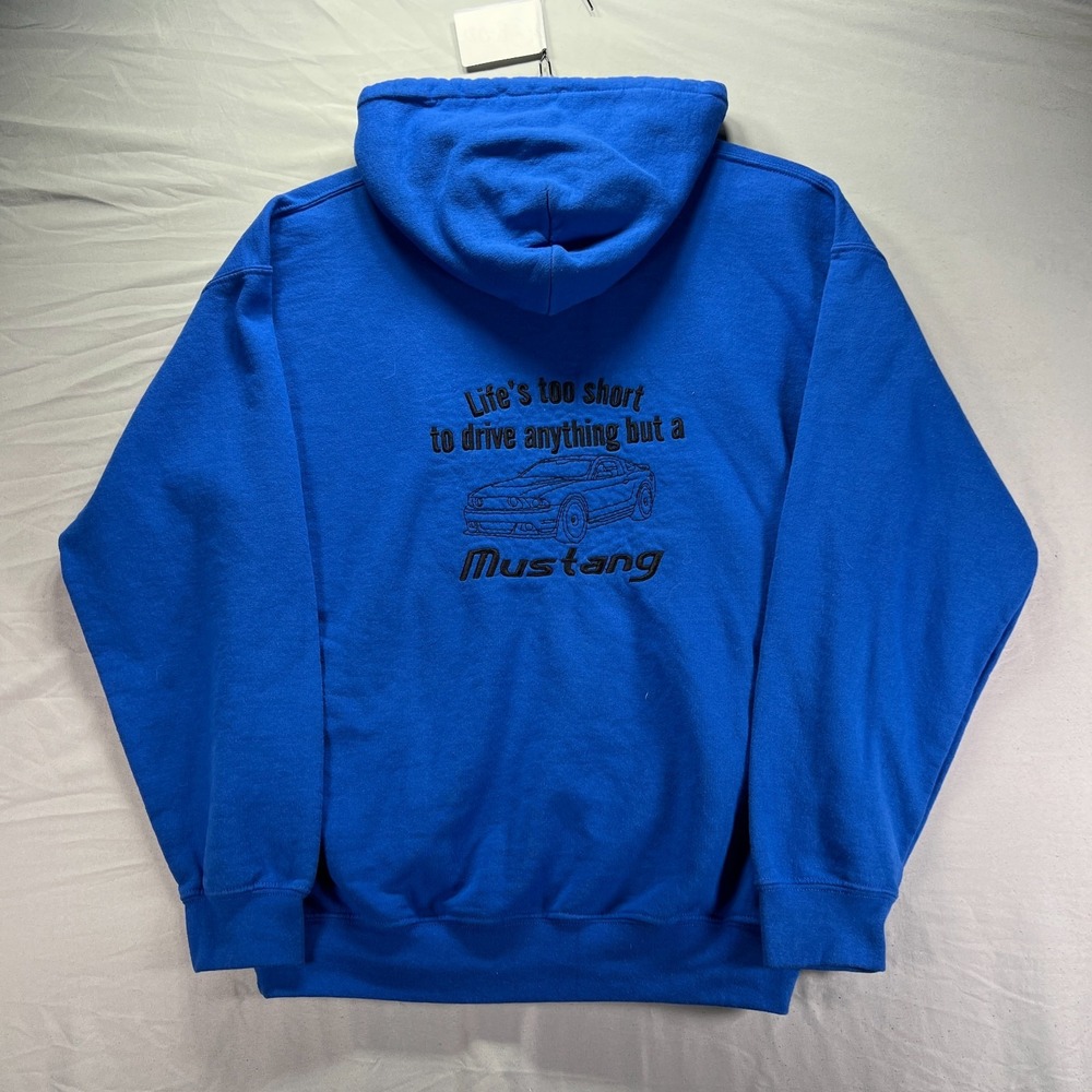 Ford Mustang Hoodie Mens Medium Royal Blue Pullover Fleece Sweatshirt Y2K - Picture 6 of 10
